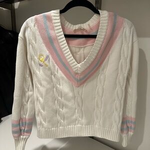 LoveShackFancy V-Neck Sweater - Cream, Pink, and Blue